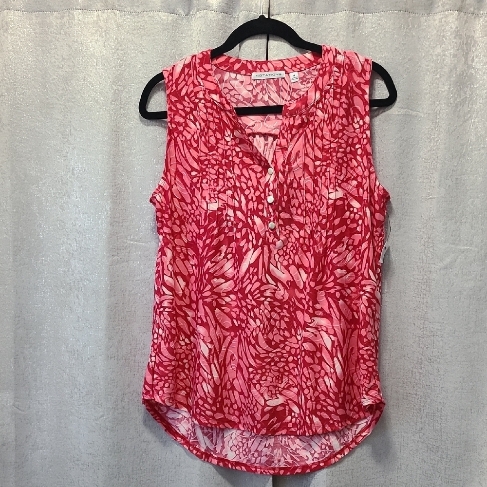 Notations Pink White Mandarin Collar Fun Design‎ Blouse Size M NWT